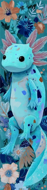 Free printable axolotl bookmark featuring a light blue sitting axolotl